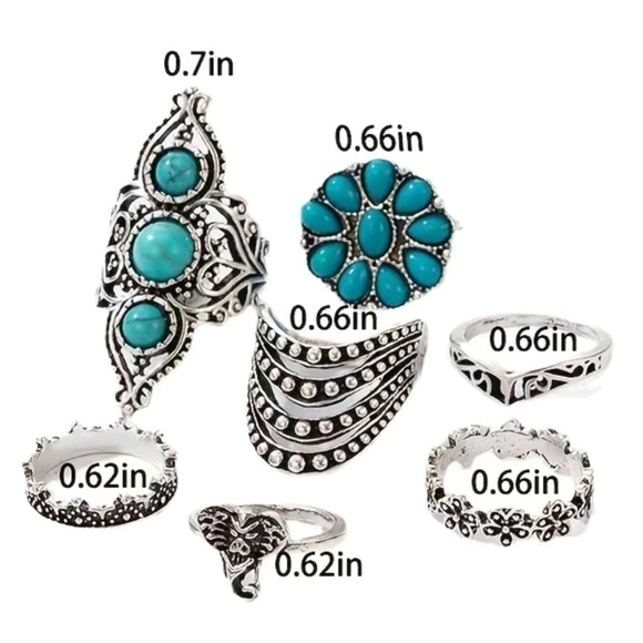 Boho Turquoise Silver Elephant Ring Set 7pc - Picture 5 of 5